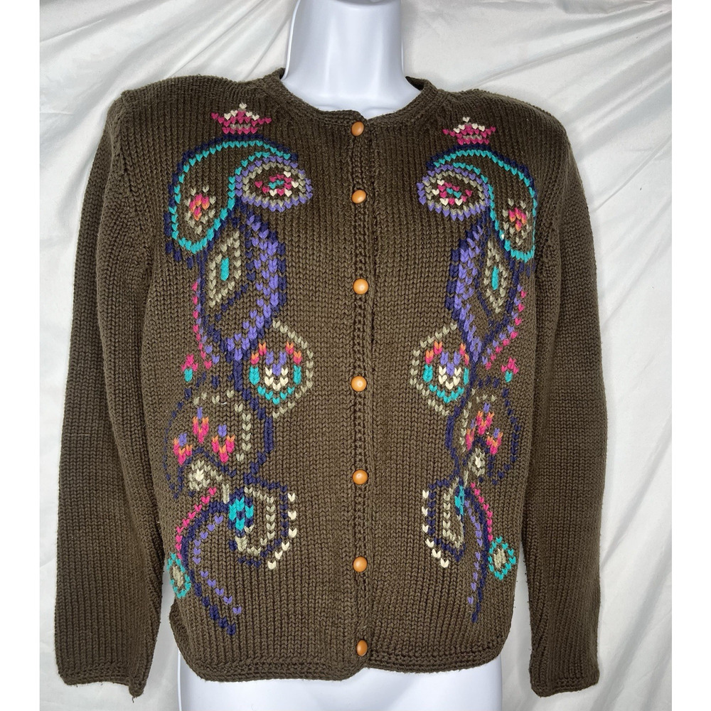 Susan Bristol Knit Cardigan Sweater Large Brown Hand Embroidered Vintage 1989